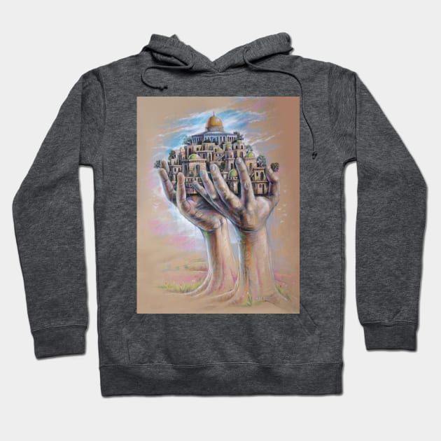 Save Jerusalem Al Aqsa Painting, Palestinian Resistance Hands Holding Al Quds Old City Hoodie by QualiTshirt